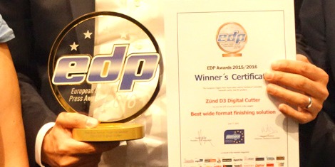 The new Zünd D3 cutter was given the EDP Award 2016 for "Best wide format finishing solution" at Drupa 2016.