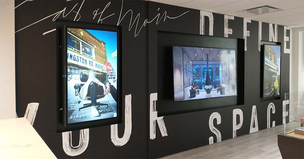 Toronto-based Minoh used Drytac ReTac Textures Linen to produce striking wall graphics that were integrated as part of a video wall display.